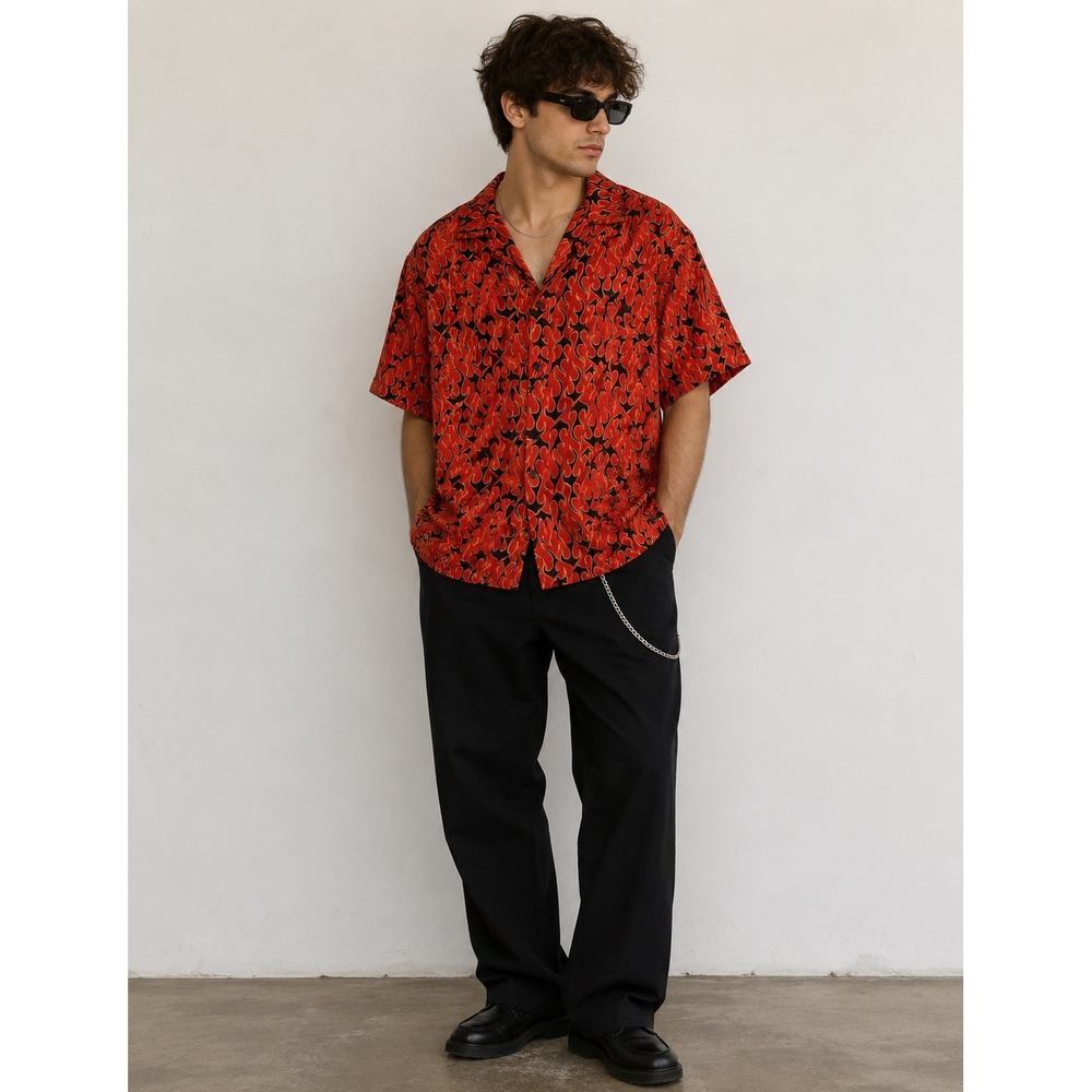 Street Culture All Over Print Flames Fire Biker Skater Y2K Shirt Guy Fieri XL